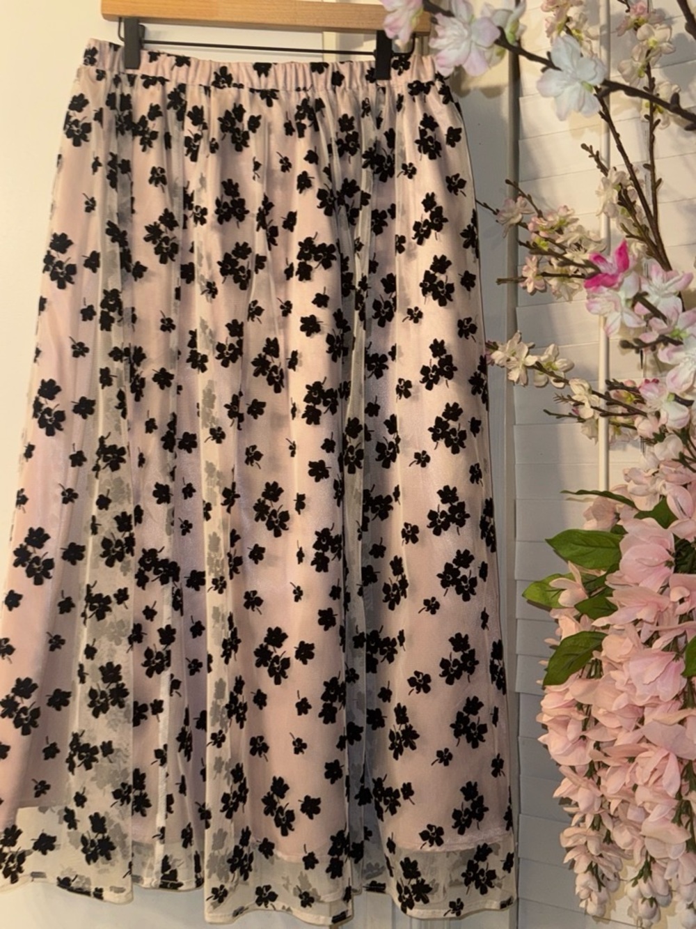 Anne Klein Pink Midi Skirt with Black Floral Appliqué